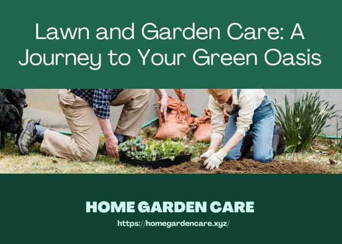 Lawn care guide with gardening tools and plants.